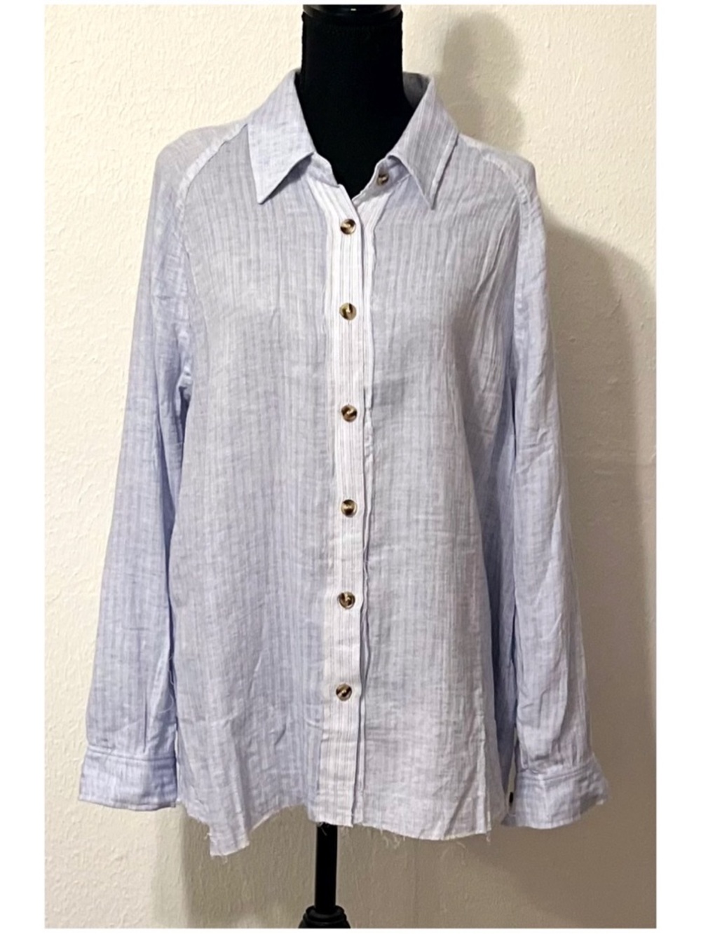 Staccato Cotton Light Blue Button-Up Shirt Raw Fringe Edging NWT Boho Prairie